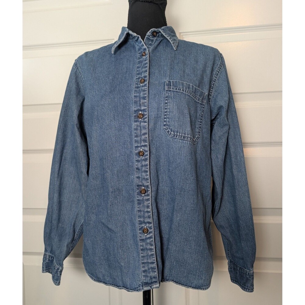 Vintage 90s LL Bean Size M Blue Denim Blouse 100% Cotton Button Down Workwear